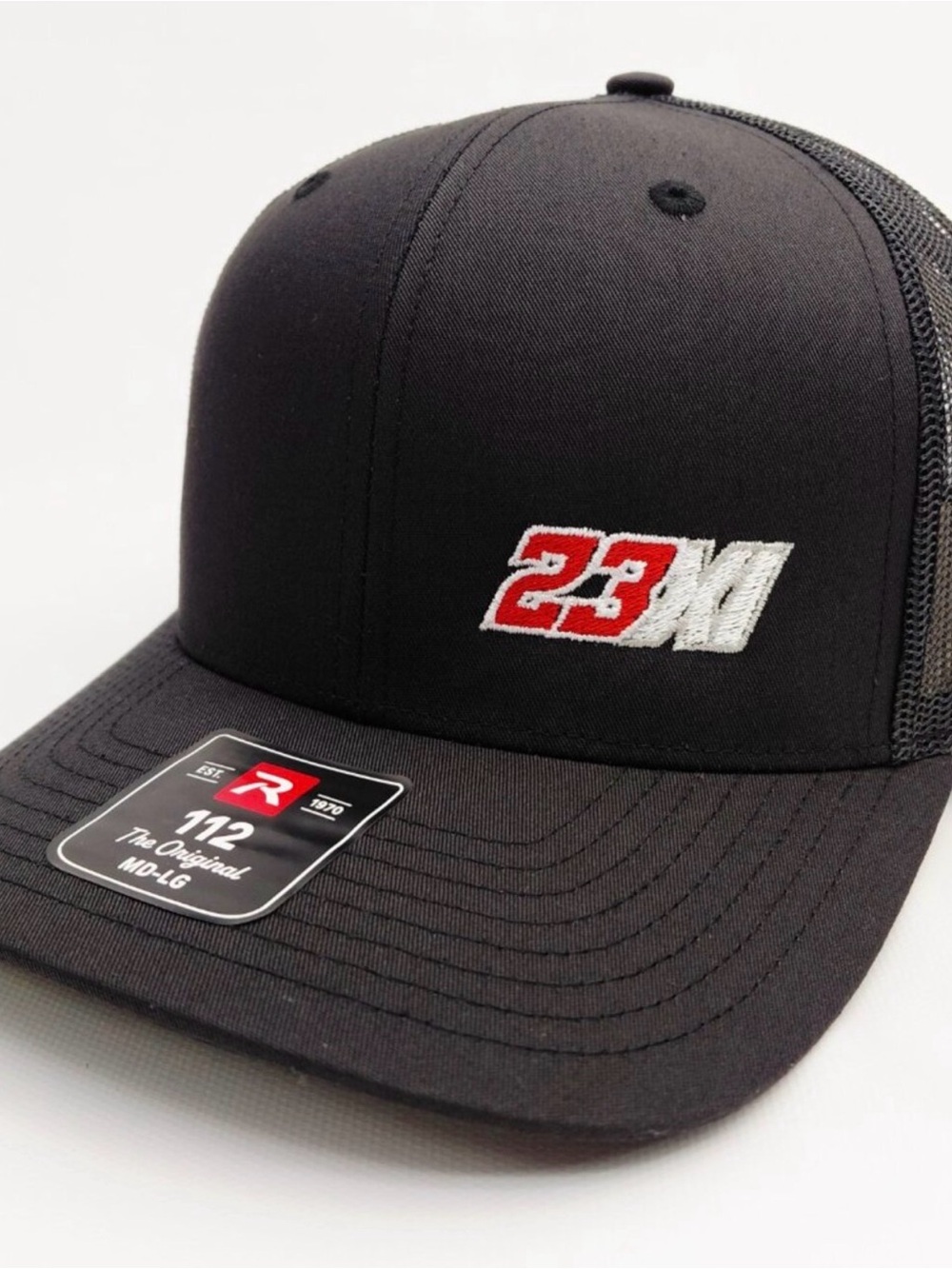 Black Trucker Hat with Red & White '23M' Embroidery